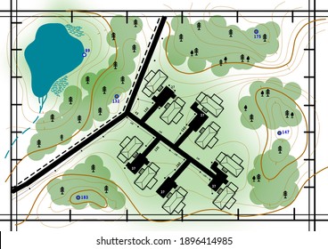 Cartography And Geodesy. Map Concept. Making Maps Of The Area. Map Of The Area With Symbols. Conventional Signs In Geographical Atlases.