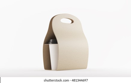 Carton bag for carrying paper coffee cup standing on table in white space. Concept of energetic beverage and staying awake. 3d rendering. Toned image. Mock up
