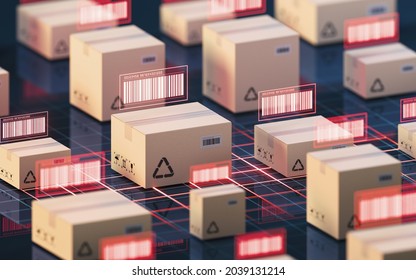Carton and bar code, commodity inspection and transportation, 3d rendering. Computer digital drawing.