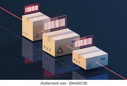 Carton and bar code, commodity inspection and transportation, 3d rendering. Computer digital drawing.