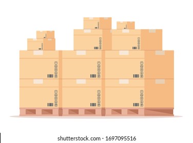 Carton box pallet. Flat warehouse cardboard packages stack, front view shipping parcels on storage.  isolated wooden pallets for fragile store parcels