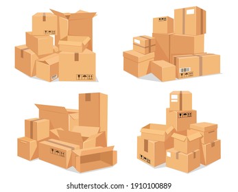 Carton box stack. Big pile of delivery brown cardboard boxes. Cartoon stacked warehouse parcels. Packing for moving to new house  set. Illustration pile packing box to moving and distribution