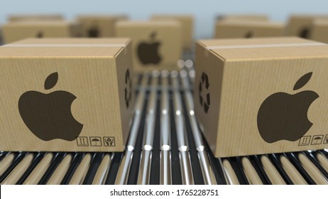 Carton boxes with apple inc logo move on roller conveyor. realistic  3D rendering