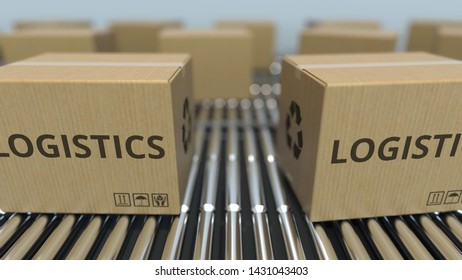 Carton boxes with LOGISTICS text move on roller conveyor. 3D rendering