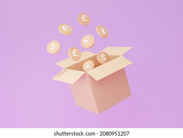 Carton Brown Surprise Parcel Or Open Box Coins Money Floating On Purple Background, Cashback, Business Finance Exchange Rate Concept. 3d Render Illustration