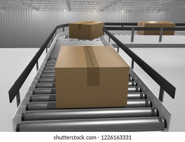 Cartons Running On A Conveyor Belt In A Warehouse