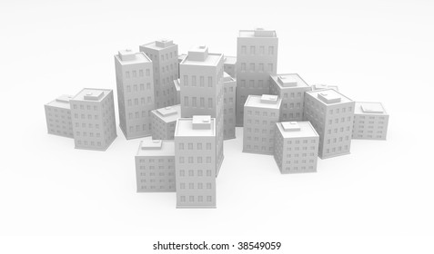 Cartoon 3d Building City Model, Over White