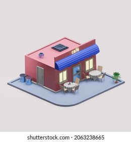 Cartoon 3D Cafe. Isometric Cute Restaurant.