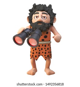 Cartoon 3d caveman character with beard using a pair of binoculars, 3d illustration render