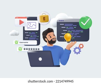 Cartoon 3D character developer, designer working on laptop. Web app development, deploy frontend, backend. Project team of engineers website. Coding computer, software programming. 3D render