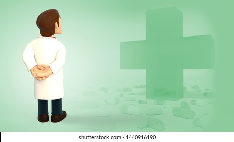 Cartoon 3d Doctor Dressed In White Coat Having His Back Turned And Looking Up On A Green Background With Medical Cross And Pills 3d Rendering