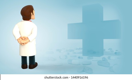 Cartoon 3d Doctor Dressed In White Coat Having His Back Turned And Looking Up On A Blue Background With Medical Cross And Pills 3d Rendering