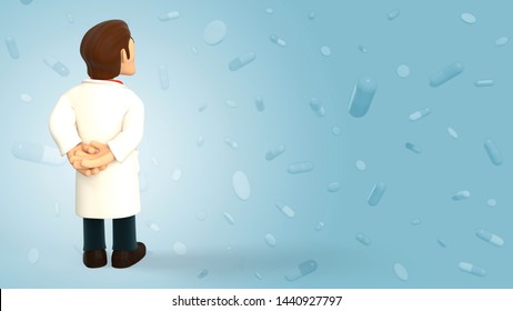 Cartoon 3d Doctor Dressed In White Coat Having His Back Turned And Looking Up On A Blue Background With Falling Pills And Tablets 3d Rendering