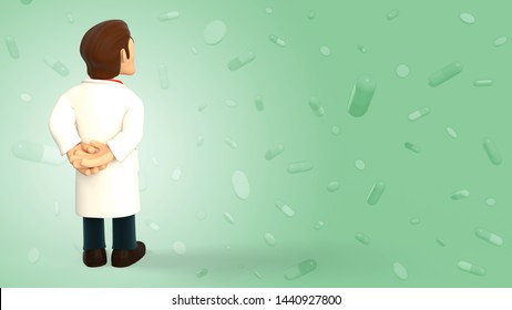 Cartoon 3d Doctor Dressed In White Coat Having His Back Turned And Looking Up On A Green Background With Falling Pills And Tablets 3d Rendering