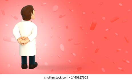 Cartoon 3d Doctor Dressed In White Coat Having His Back Turned And Looking Up On A Red Background With Falling Pills And Tablets 3d Rendering