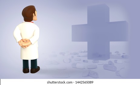 Cartoon 3d Doctor Dressed In White Coat Having His Back Turned And Looking Up On A Purple Background With Medical Cross And Pills 3d Rendering