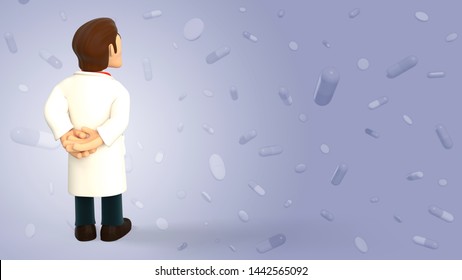 Cartoon 3d Doctor Dressed In White Coat Having His Back Turned And Looking Up On A Purple Background With Falling Pills And Tablets 3d Rendering