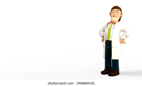 Cartoon 3d Doctor With A Lab Coat And A Stethoscope Proud And Smiling With Hands On His Hips, Isolated On A White Background 3d Rendering