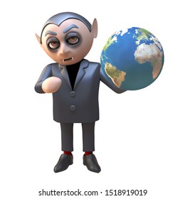 Cartoon 3d Dracula Vampire Character Holding A Globe Of The Earth, 3d Illustration Render