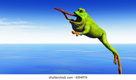 A Cartoon 3d Frog Leaps Into The Air With Tongue Extended