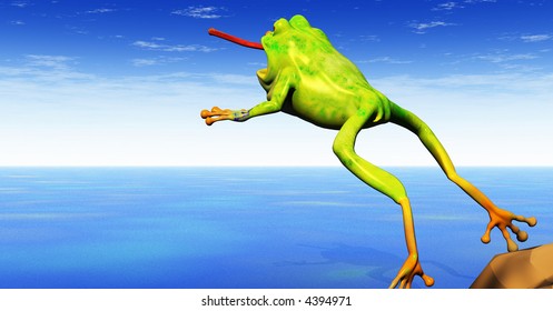 A Cartoon 3d Frog Leaps With Tongue Extended