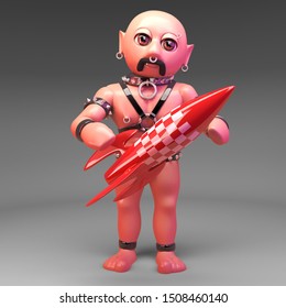 Cartoon 3d Gay Leather Fetish Man Holding A Red Rocket, 3d Illustration Render