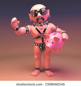 Cartoon 3d Gay Leather Fetish Man Holding A Pink Piggy Bank LGBT, 3d Illustration Render