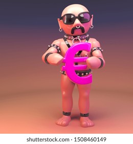 Cartoon 3d Gay Leather Fetish Man Holding A Pink Euro Currency Symbol, 3d Illustration Render