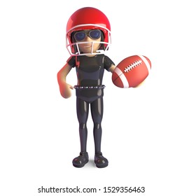 Cartoon 3d Gothic Fashion Girl In Black Leather Catsuit Playing American Football In A Helmet, 3d Illustration Render