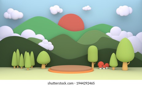 Cartoon 3d Green Little Forest Mountain And Sun Cloudy Beautiful Sunshine Day In Paper Cut Pastel Style  Stage Layout With Podium Pedestal.3d Rendering.