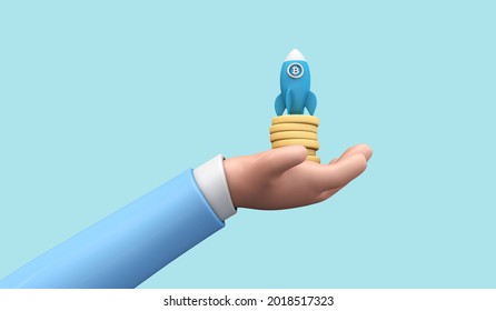 Cartoon 3d Hand Holding A Bitcoin Crypto Currency Rocket Taking Off. 3D Render