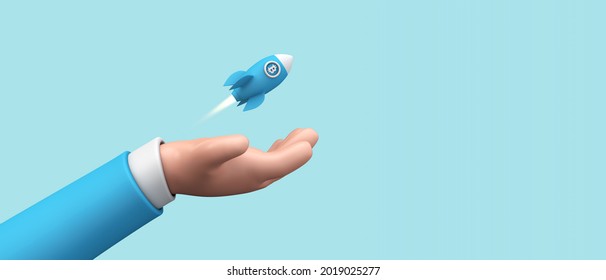 Cartoon 3d Hand Holding A Bitcoin Crypto Currency Rocket Taking Off. 3D Render