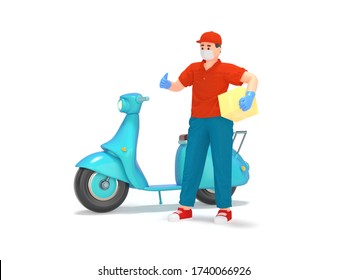 Cartoon 3d Illustration, Delivery Man In Protection Mask And Gloves, With Parcel Box Riding To Client. Isolated On White Background.