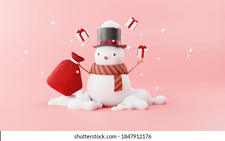 Cartoon 3d Render Of Snowman And Santa Gift Bag.
