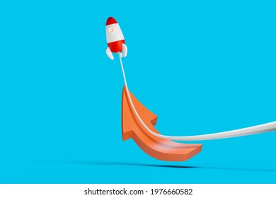 Cartoon 3D Rocket Upswing From A Red Arrown. Business Turnaround Concept. 3D Rendering.