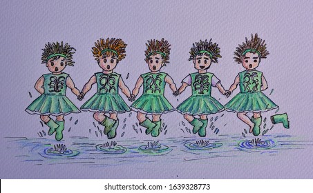 Cartoon Of 5 Little Girls Doing The River Dance In A Puddle With Wellington Boots On.	