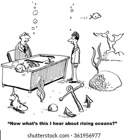 Cartoon About Climate Change.  The Rising Oceans Have Resulted In The Business Being Under Water. 