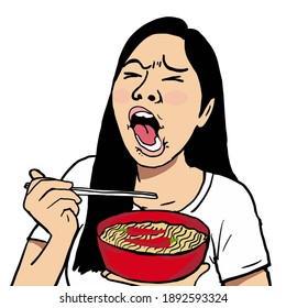 Cartoon Action Woman Eats Instant Noodles, The Taste Is Spicy Until Her Face Distorted