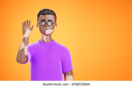 Cartoon african american man in glasses with vitiligo skin waving hand and saying hello over orange background with copy space. 3d render illustration. - Powered by Shutterstock