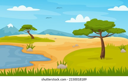 Cartoon african savannah landscape with trees and mountains. Panoramic safari fields scene, zoo or park savanna nature  illustration. Outside wild vegetation and lake or pond