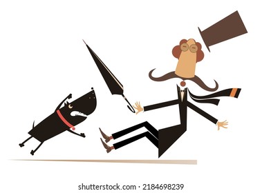 Cartoon Aggressive Dog And Frightened Man Illustration. Mustache Man In The Top Hat Tries To Protect Himself From Aggressive Dog By Umbrella. Isolated On White Background