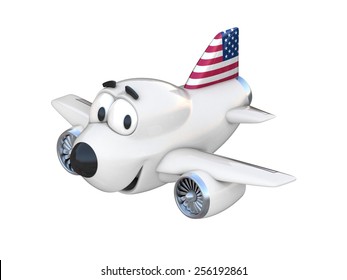 Cartoon Airplane With A Smiling Face - American Flag
