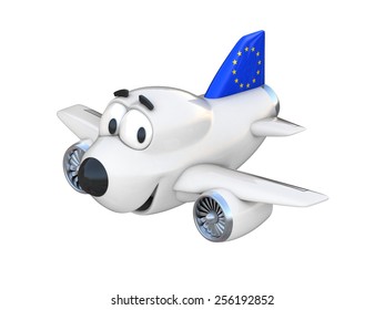 Cartoon Airplane With A Smiling Face - European Union Flag