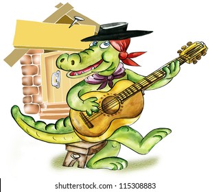 Cartoon Alligator Playing Guitar