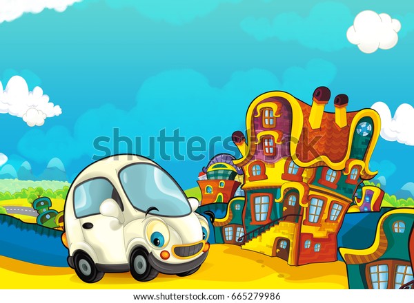 Cartoon ambulance car smiling and looking in\
the parking lot - illustration for\
children