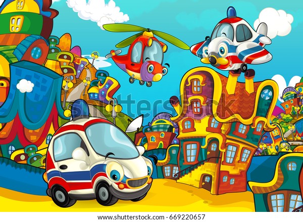 Cartoon ambulance\
car smiling and looking in the parking lot and plane flying over -\
illustration for\
children