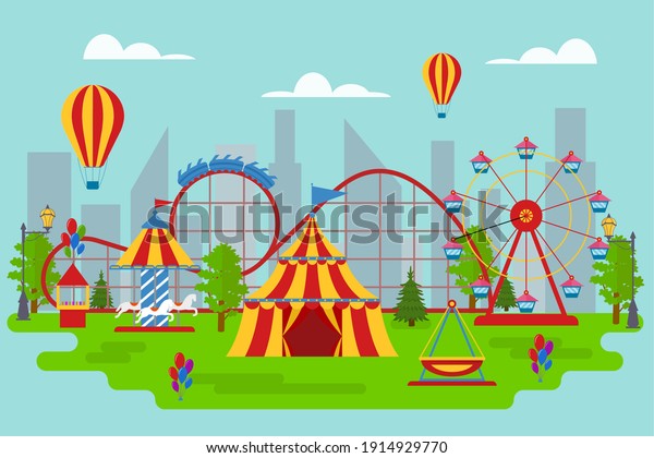 Cartoon Amusement Park Card Poster Landscape\
Background Concept Flat Design Include of Tent and Carousel.\
illustration of\
Panorama