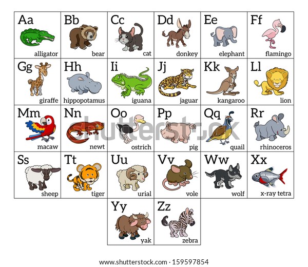 各文字 大文字 小文字 動物名に漫画の動物イラストを使用した漫画の動物のアルファベット学習図 のイラスト素材