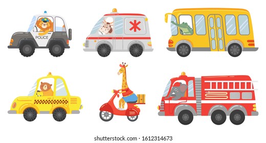 Cartoon Animal Driver. Animals In Emergency Ambulance, Firetruck And Police Car. Zoo Taxi, Public Bus And Delivery Truck. Ambulance And Police Animals Drivers Lion, Cow, Bear Isolated  Icons Set