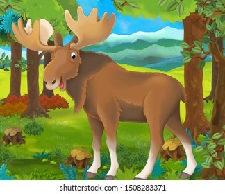 Cartoon animal scene with moose in the forest - illustration for children - Shutterstock ID 1508283371